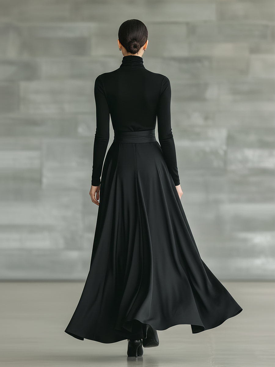 Women's Black High-Neck High-Stretch Knitted And Satin Flared Maxi Dress