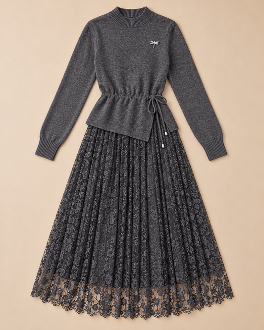 Women's Wool Sweater Dress – Tie-Waist Pleated Lace Midi Dress