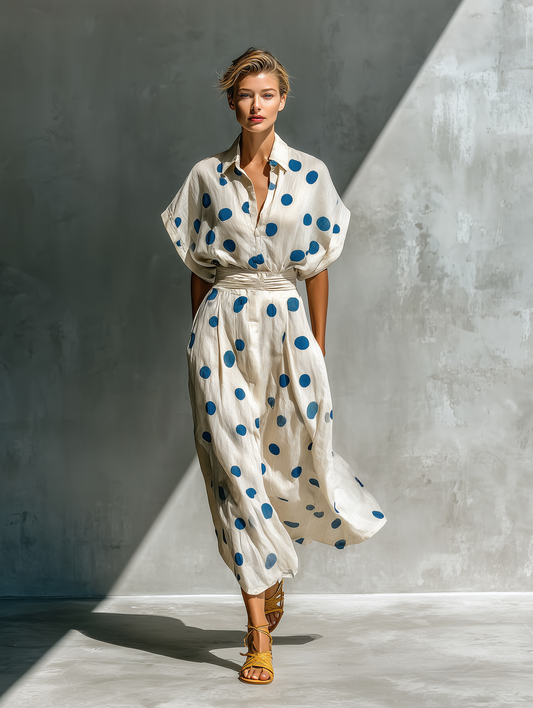 Women’s Off-White Linen-Blend Polka Dot Shirt Dress With Waist Cincher & Pockets