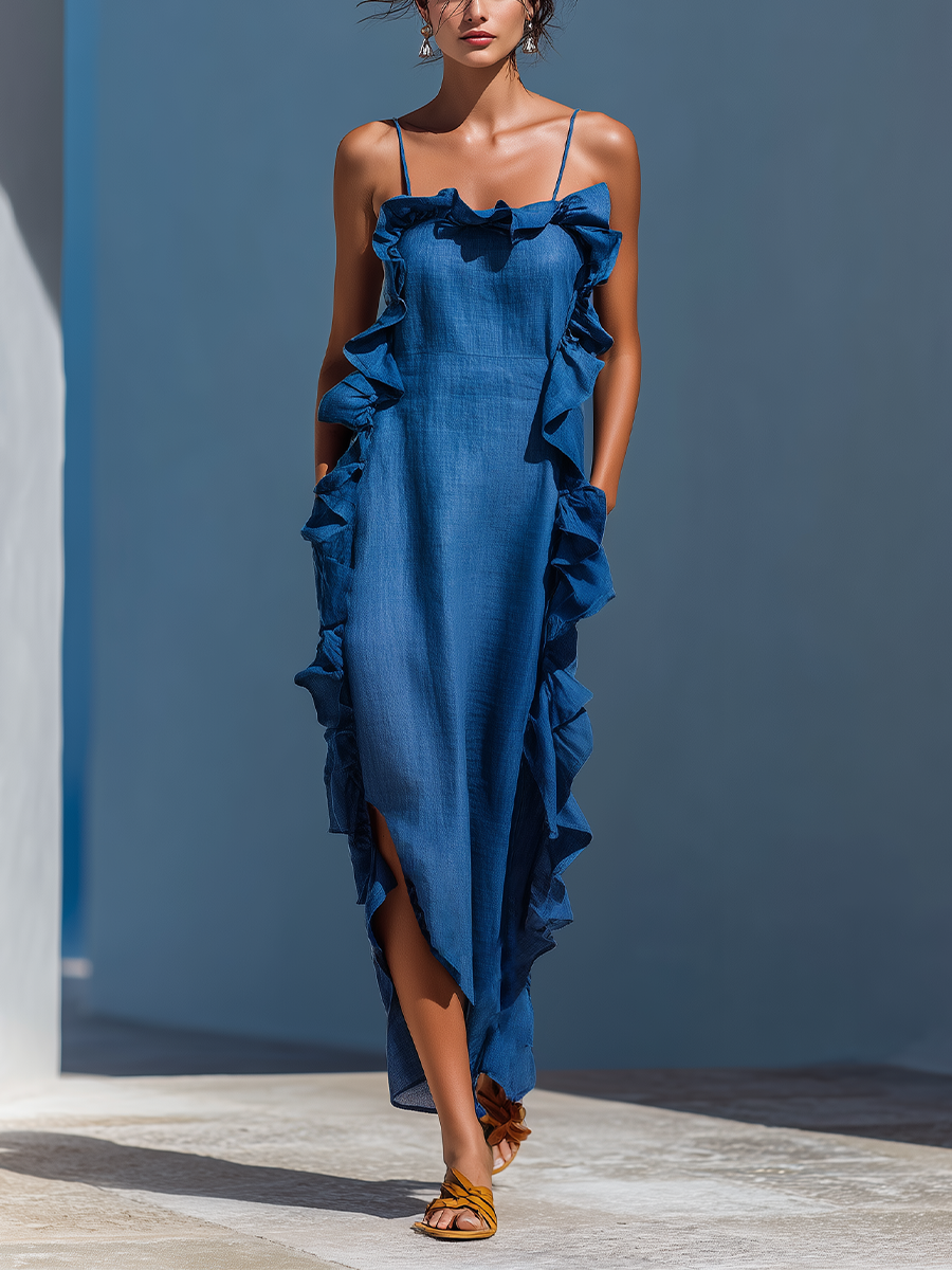Women’s Blue Linen-Blend Spaghetti Strap Ruffle Trim Maxi Dress With Slit