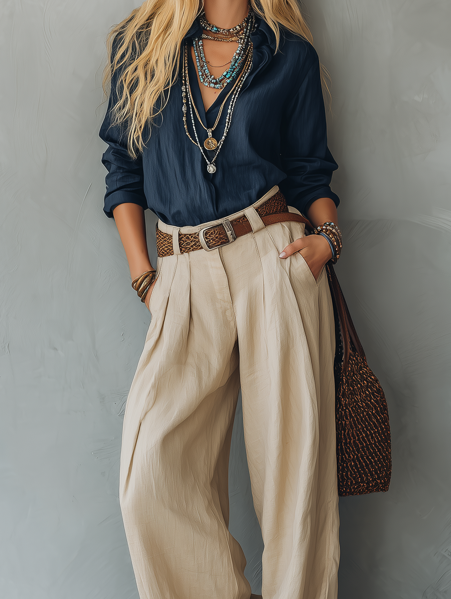 Women's Casual Navy Blue Cotton-Linen Long-Sleeve Pullover Shirt Paired With Khaki Cotton-Linen Trousers (Belt Not Included)