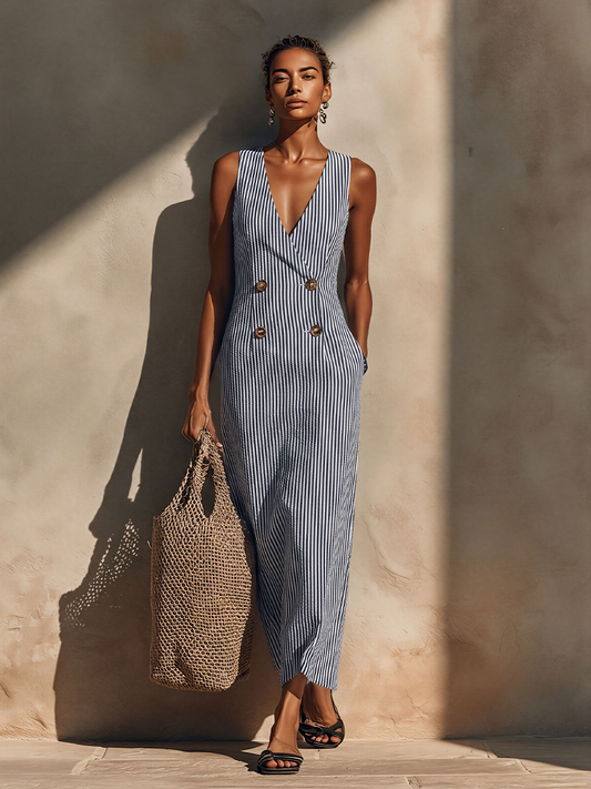 Women's Blue-White Striped Cotton-Blend Maxi Dress With Blazer Style & Double-Breasted, Timeless Nautical Casual Dress