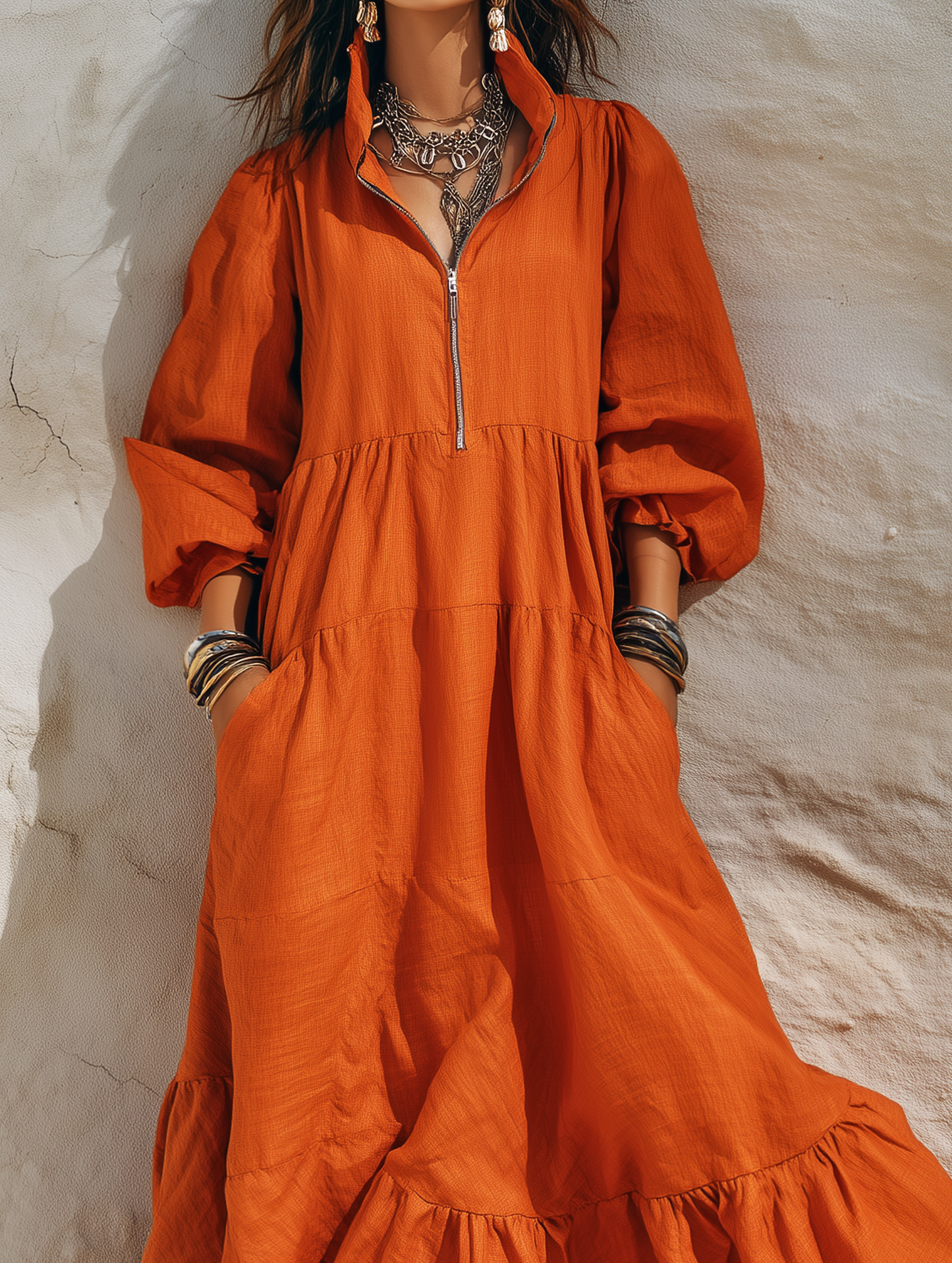 Women's Casual Orange Cotton-Linen Maxi Dress With Half-Zip Collar And Three-Quarter Sleeves