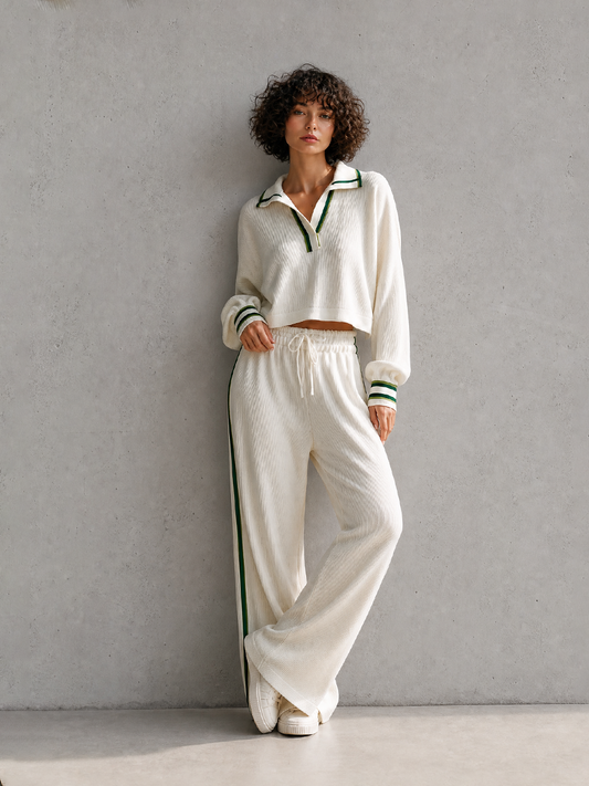 Women's Casual Sporty Off-white Ribbed-Knit Polo-Collar Half-Zip Green-Trim Dropped-Shoulder Long-Sleeve Cropped Top & Drawstring Wide-Leg Trouser Set