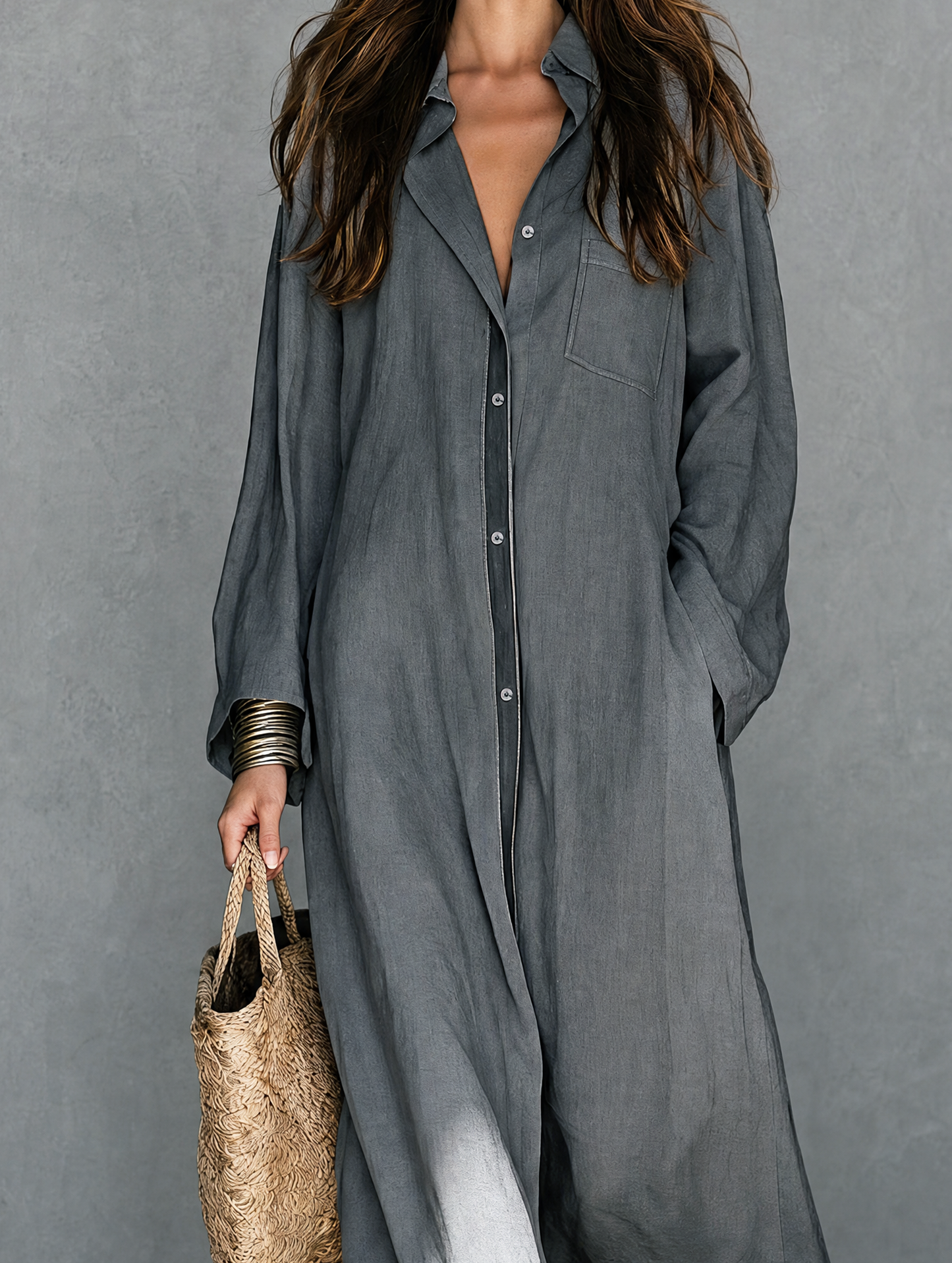 Women's Casual Grey Cotton-linen Long-sleeved Maxi Dress