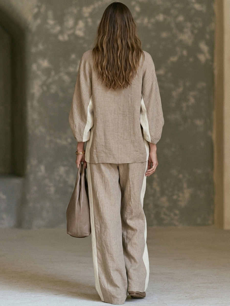 Women's Color-Block Linen-Blend V-Neck Top & Wide-Leg Pants Two-Piece Set