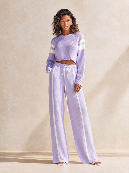 Women's Sporty Lavender Wool-Knit Contrast-Stripe Cropped Top & Drawstring Wide-Leg Trouser Set
