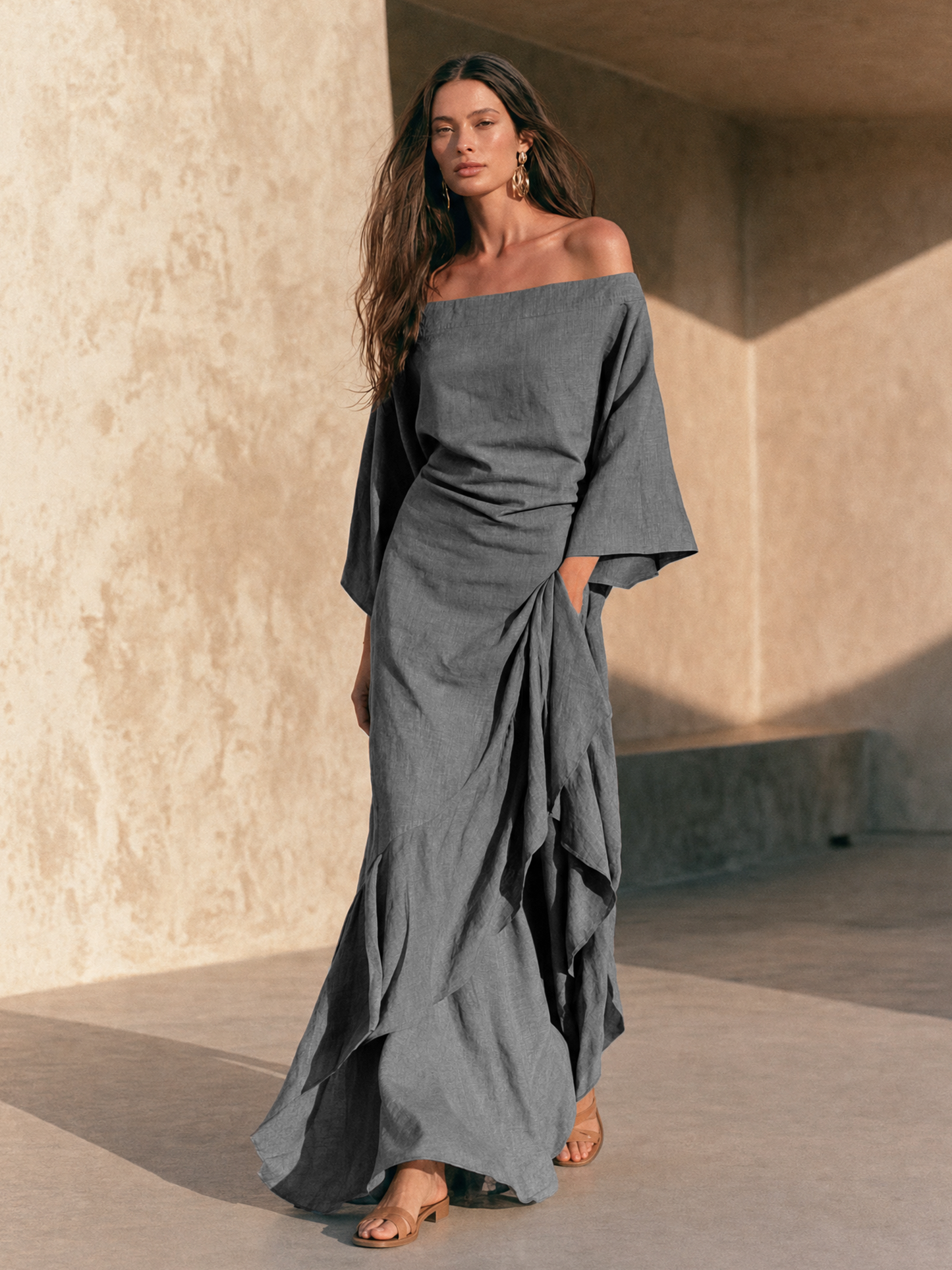 Women's Minimalist Off-Shoulder Maxi Dress With Ruffled Hem And Flared Sleeves