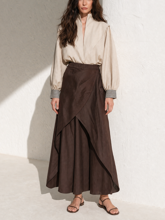 Women's Stand Collar Beige Linen Blouse