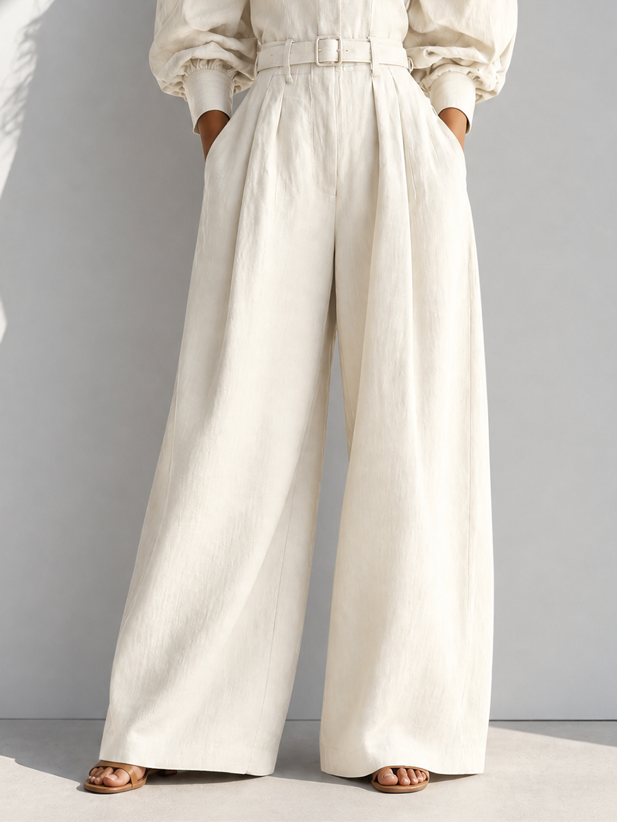 Women's Vintage Stand-Collar Puff-Sleeve Belted Long-Sleeve Top & Wide-Leg Trouser Set