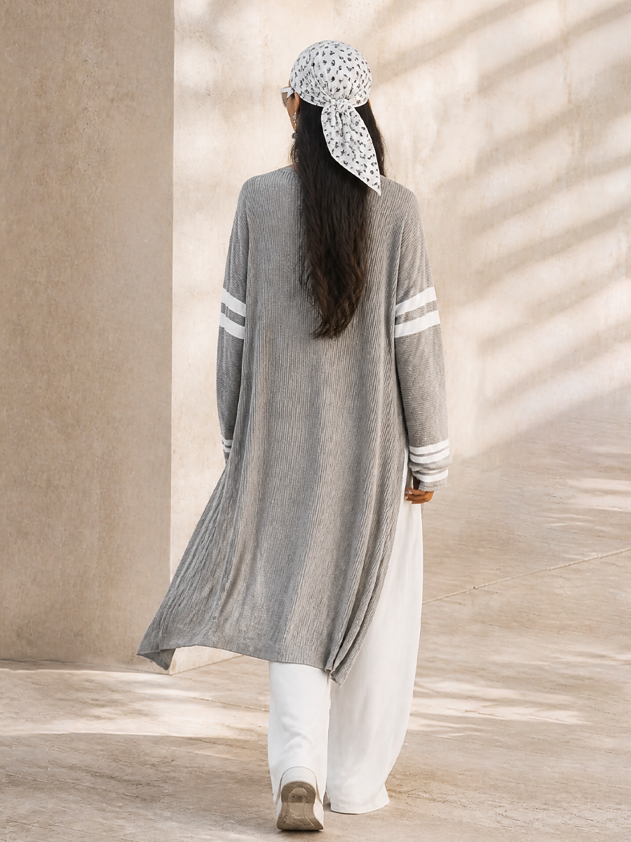Women's Long Loose Casual Stripe Sleeve Open Front Knit Cardigan