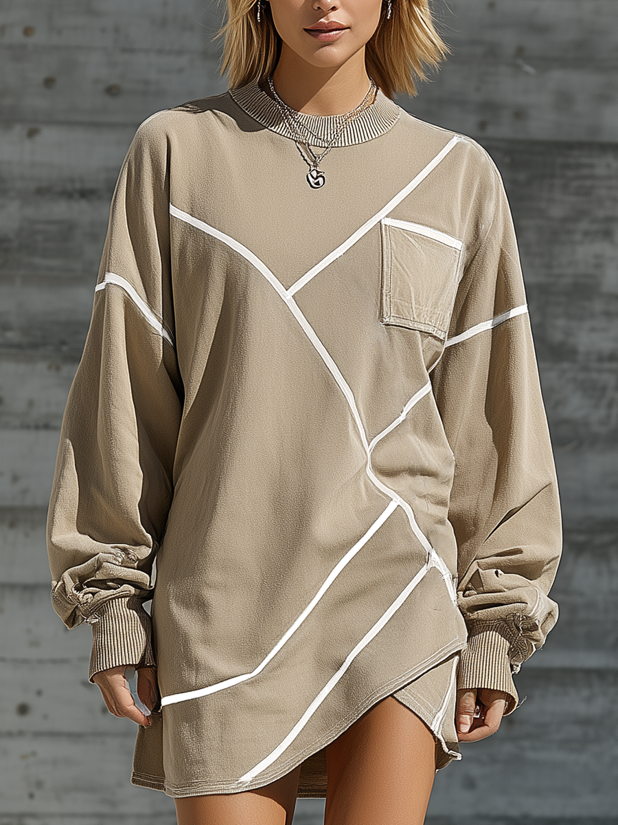 Women's Geometric Khaki Cotton Sweatshirt Dress