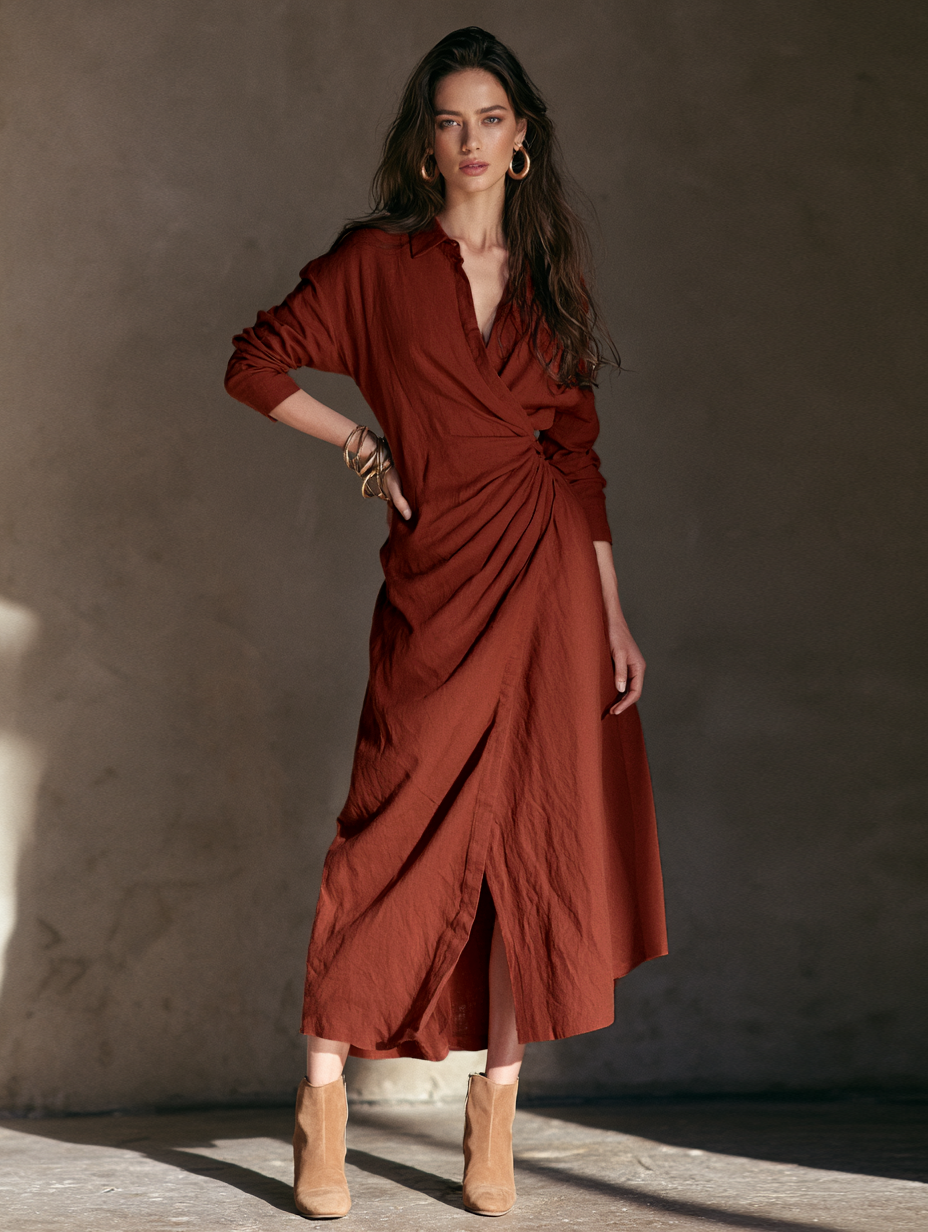 Women's Minimalist Collared Pleated Long-Sleeve Midi Dress