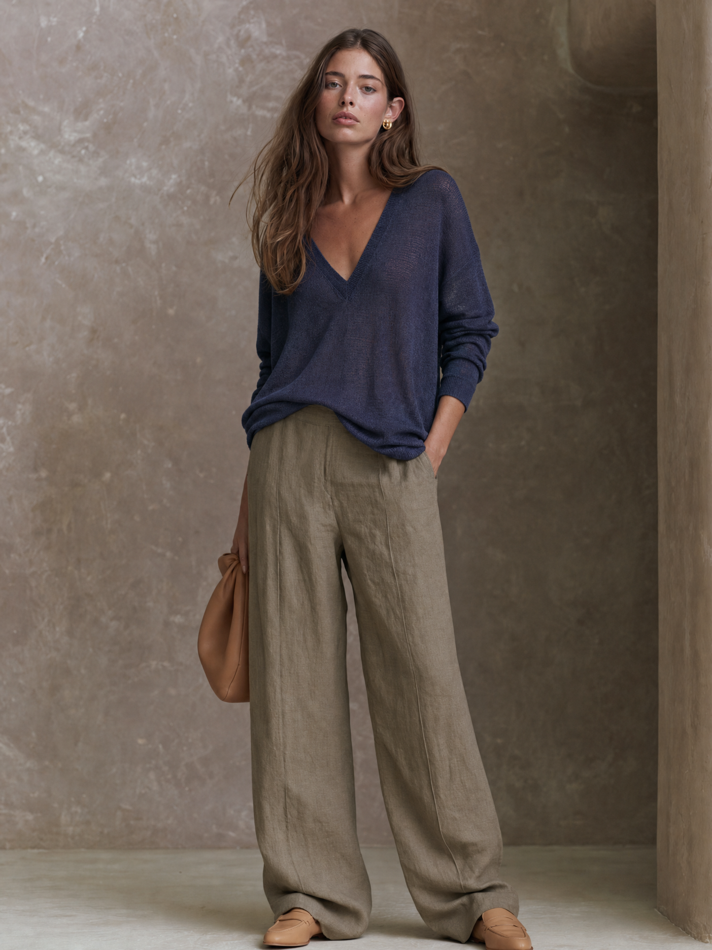 Women's Minimalist V-Neck Knit Top And Wide-Leg Pants Set