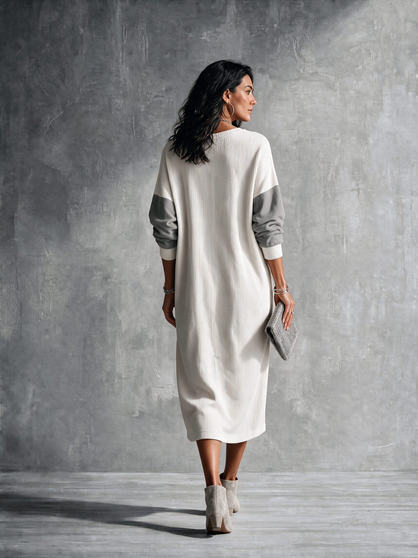 Women's Casual Ivory Gray Knit Cotton Blend Color-Block Pocket Midi Dress