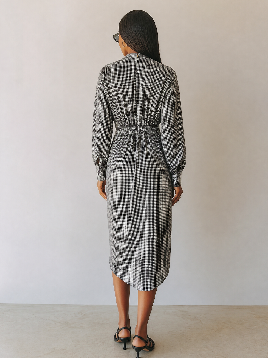 Women's Waist Twist Plaid Elegant Commuter V Neck Long Sleeve Midi Dress