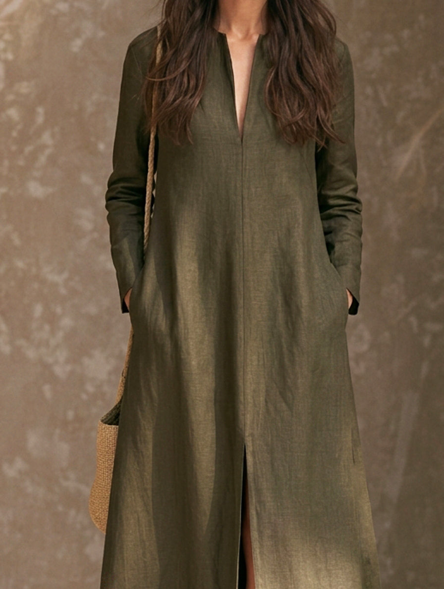 Women's Casual Dark Green Cotton-linen Long-sleeved Maxi Dress