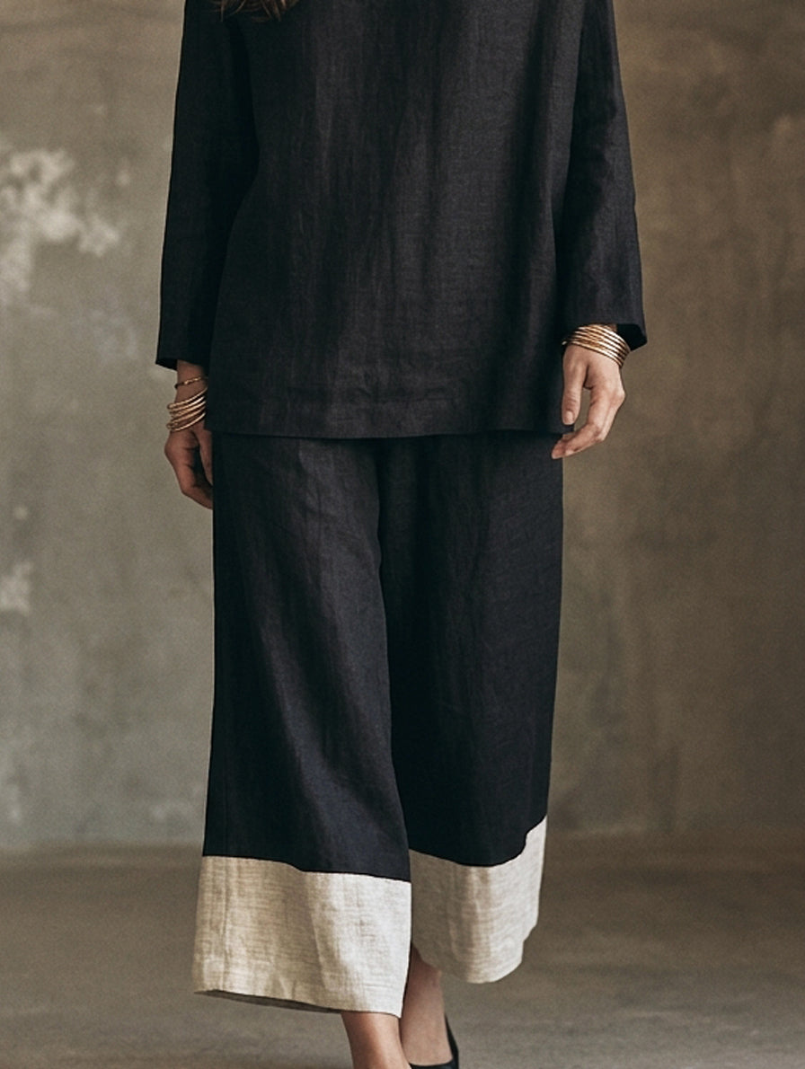 Women's Casual Black And White 2-Piece Set Cotton-linen Long-sleeve Top And Trousers