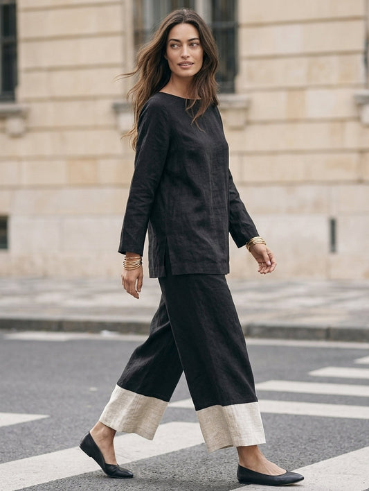 Women's Casual Black And White 2-Piece Set Cotton-linen Long-sleeve Top And Trousers