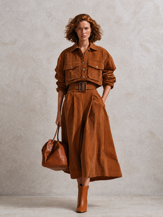Women's Vintage Corduroy Collared Dropped-Shoulder Long-Sleeve Cropped Jacket & Belted High-Waisted A-Line Midi Skirt Set