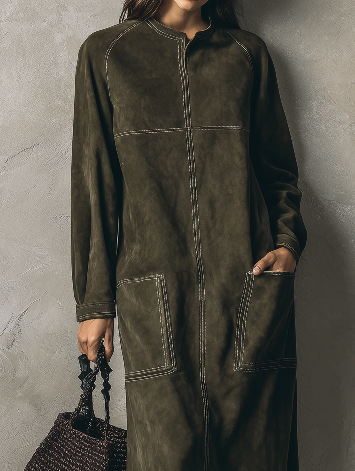 Women's Casual Olive Green Suede Long-sleeve Maxi Dress