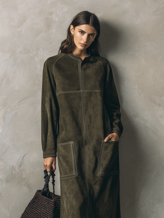 Women's Casual Olive Green Suede Long-sleeve Maxi Dress
