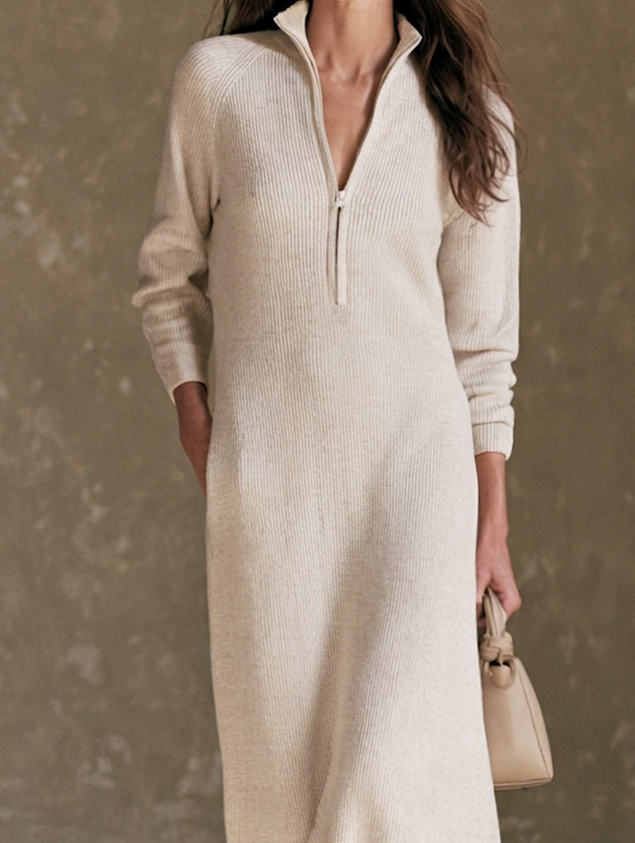 Women's Casual Oatmeal Knit Long-Sleeve Maxi Dress With Zip Collar