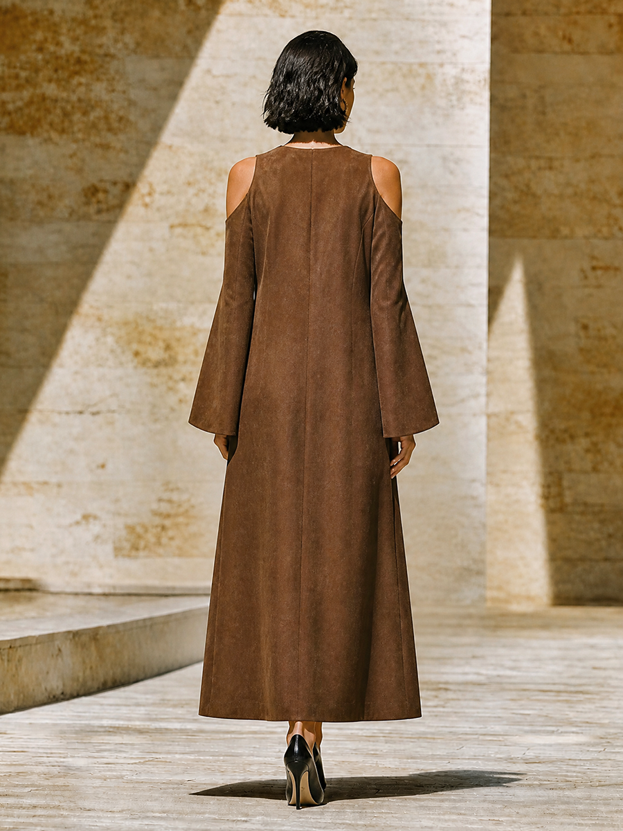 Women's Front Button Loose Minimalist Round Neck Cut Out Shoulder Long Dress