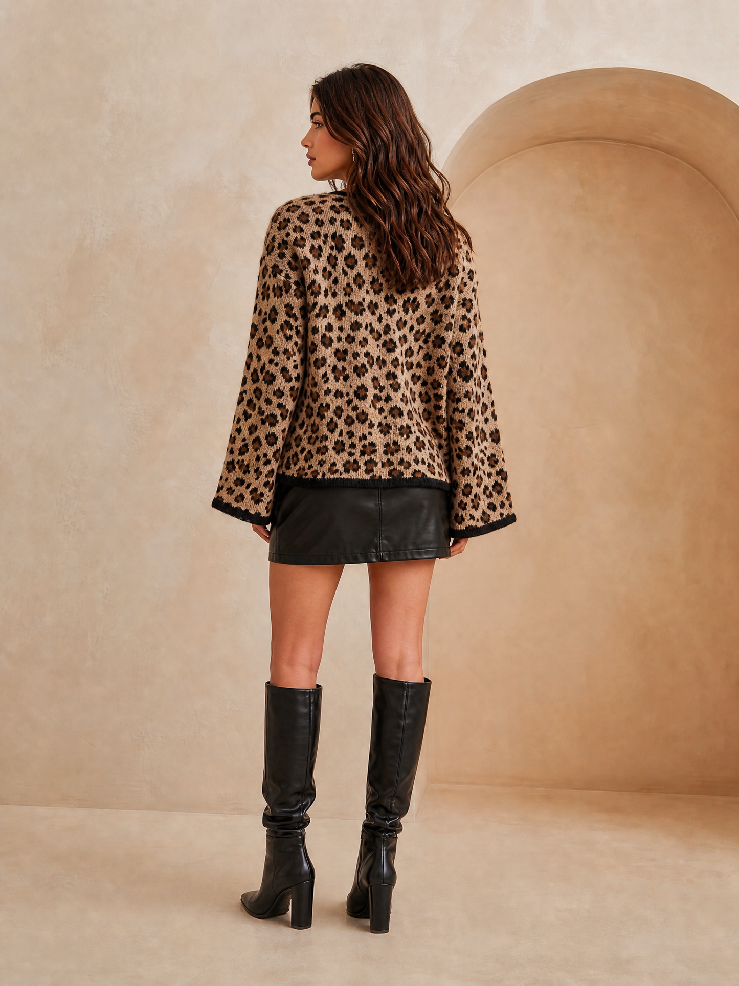Women's Bell Sleeve Bow Tie Leopard Brown Cardigan