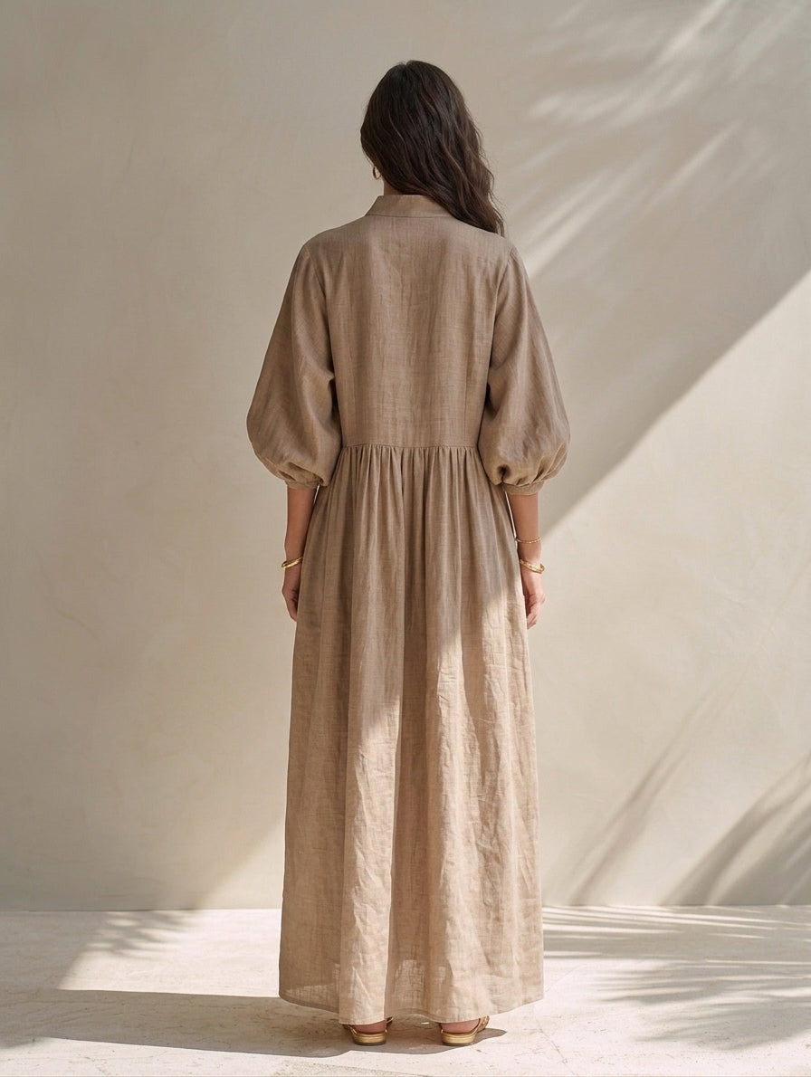 Women's Casual Long-sleeved Maxi Dress In Khaki Cotton-linen Blend