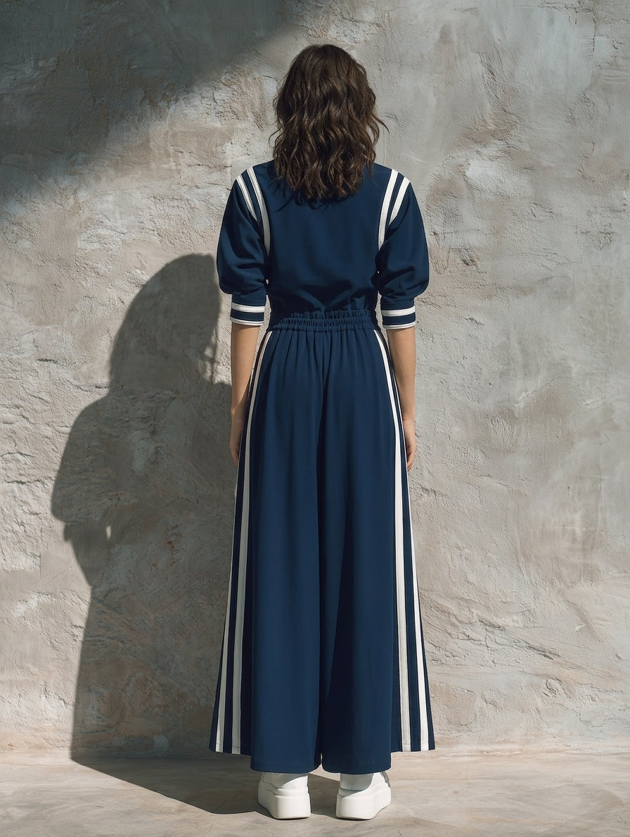 Women's Casual Short-sleeve Maxi Dress In Navy Blue Sweatshirt Fabric