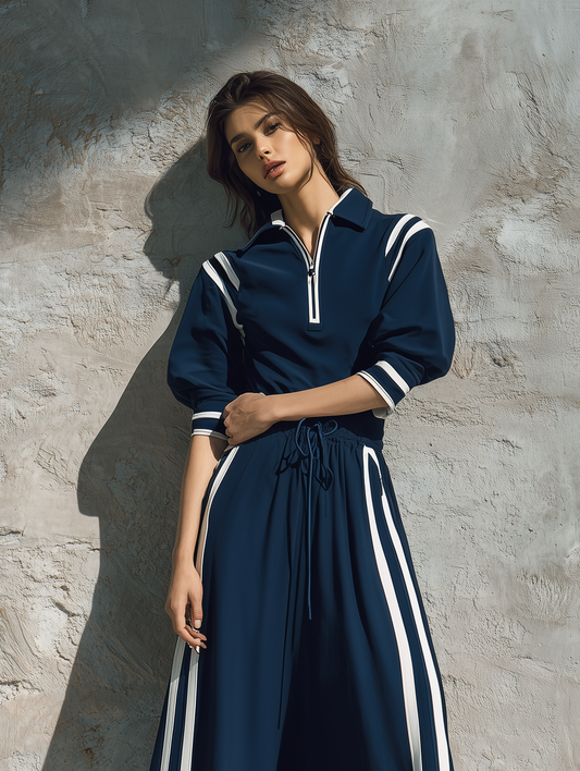 Women's Casual Short-sleeve Maxi Dress In Navy Blue Sweatshirt Fabric