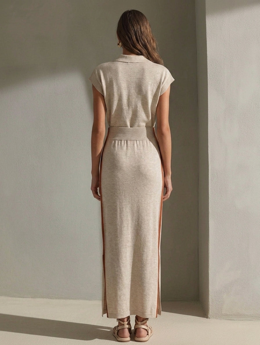 Women's Casual Beige Stretch-knit Short-sleeve Maxi Dress
