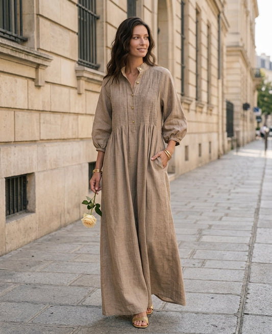 Women's Casual Long-sleeved Maxi Dress In Khaki Cotton-linen Blend