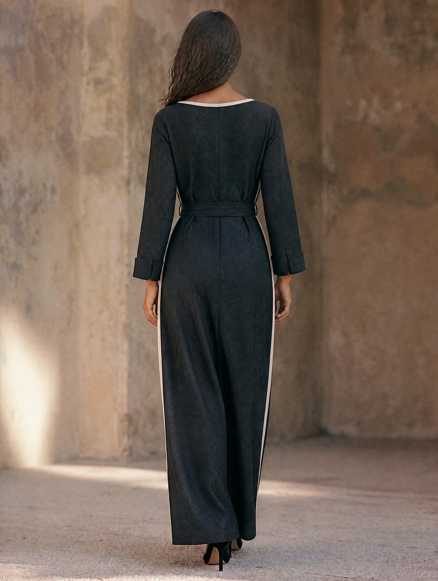 Women's Boat-Neck Cotton-Linen Maxi Dress With Contrast-Stripe Detail And Tie-Belt