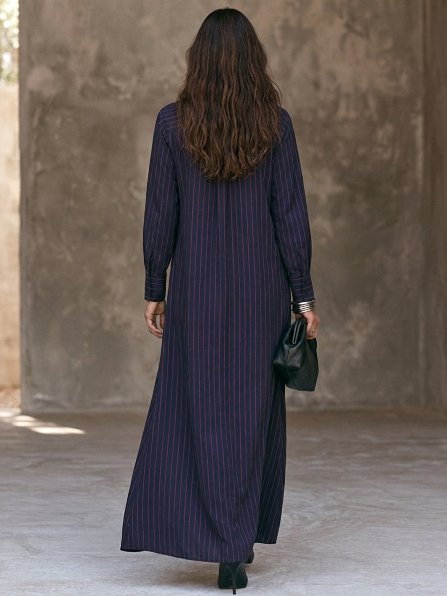 Women's Vertical-Stripe Cotton-Linen Maxi Shirt Dress With Stand Collar