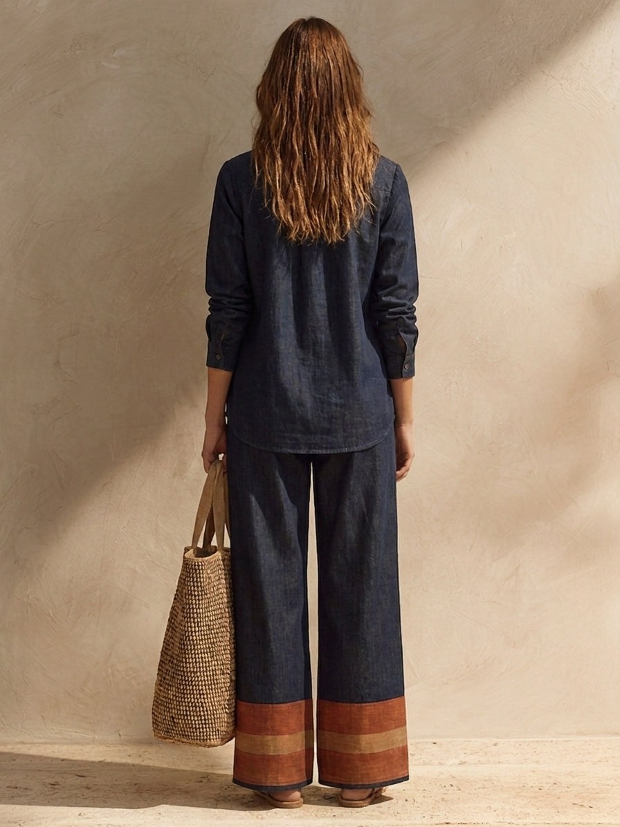 Women's Cotton-Linen Two-Piece Set With Stand Collar And Contrast-Cuff Trousers