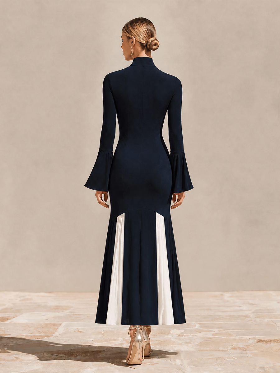 Women's Formal Slim Fit Stand Collar Flared Hem Dress