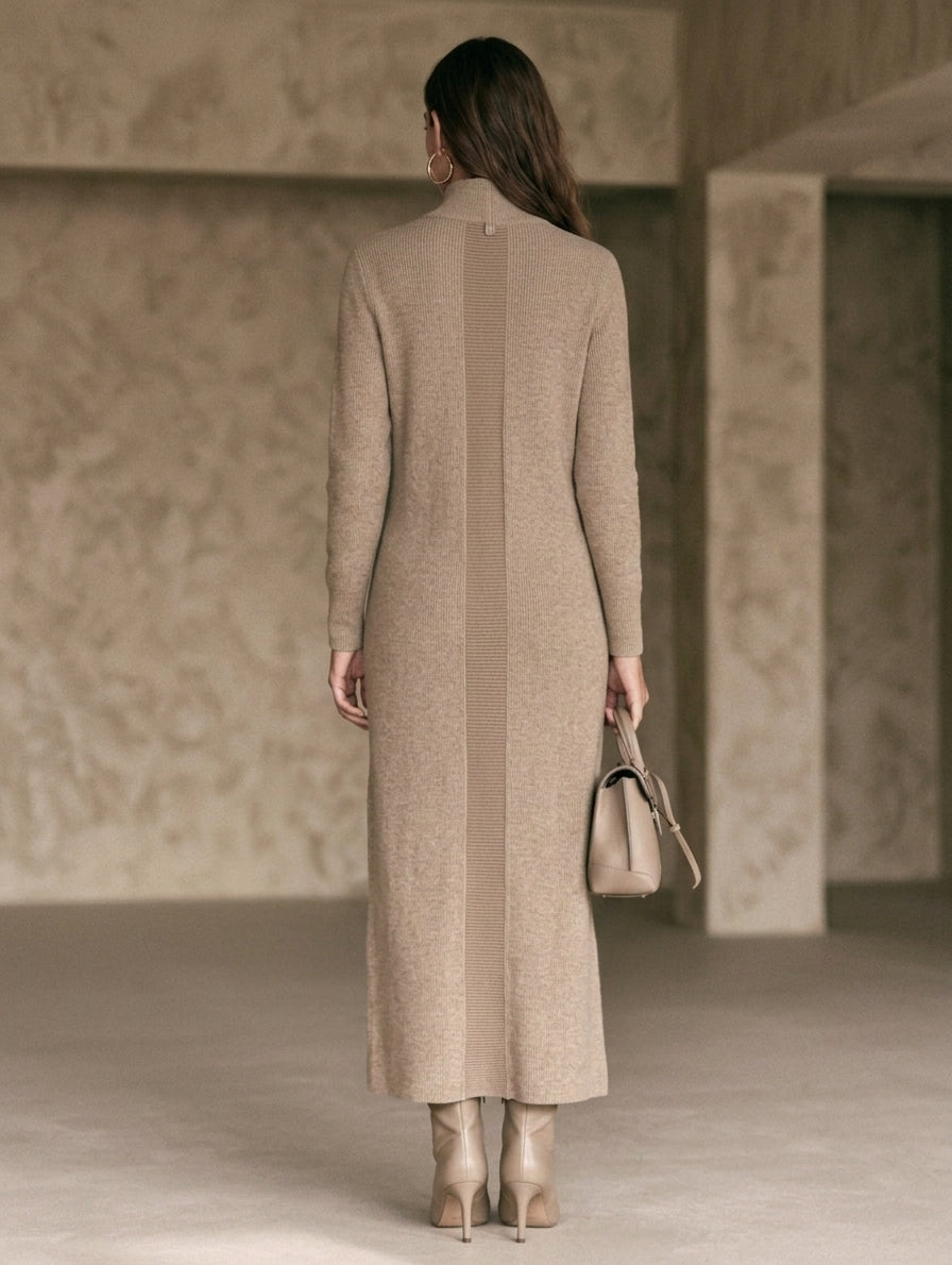 Women's Casual Khaki Knit Long-Sleeve Maxi Dress With Half-Zip Collar