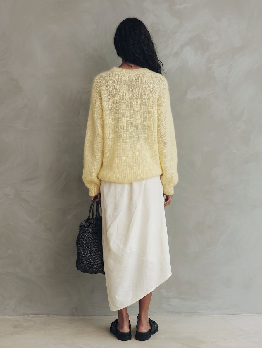Women's Casual Yellow Long-sleeved Knit Sweater And White Woven Skirt 2-Piece Set