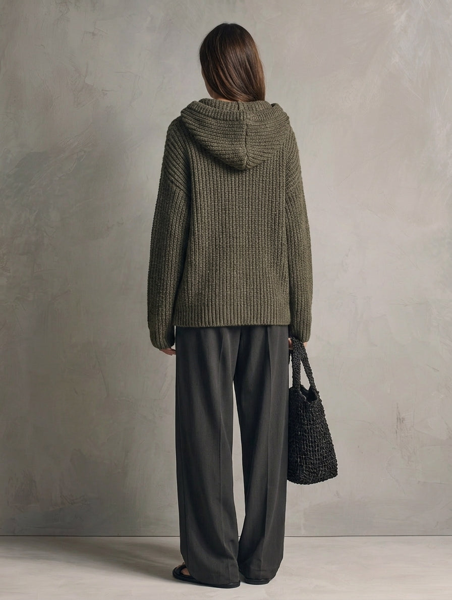 Women's Casual Dark Green Knit Sweatshirt And Dark Gray Woven Trousers 2-Piece Set