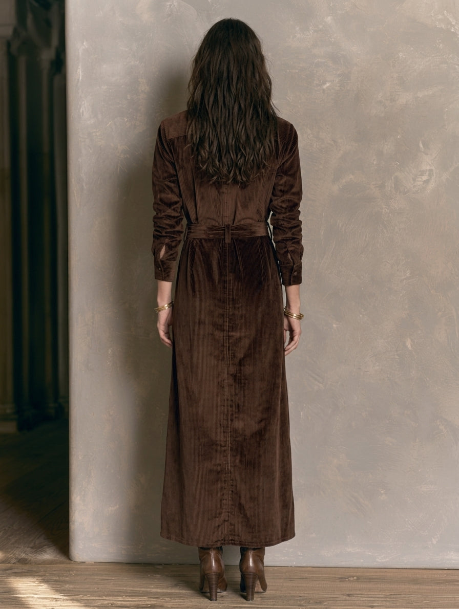 Women's Casual Dark Brown Corduroy Long Sleeve Belted Maxi Shirt Dress