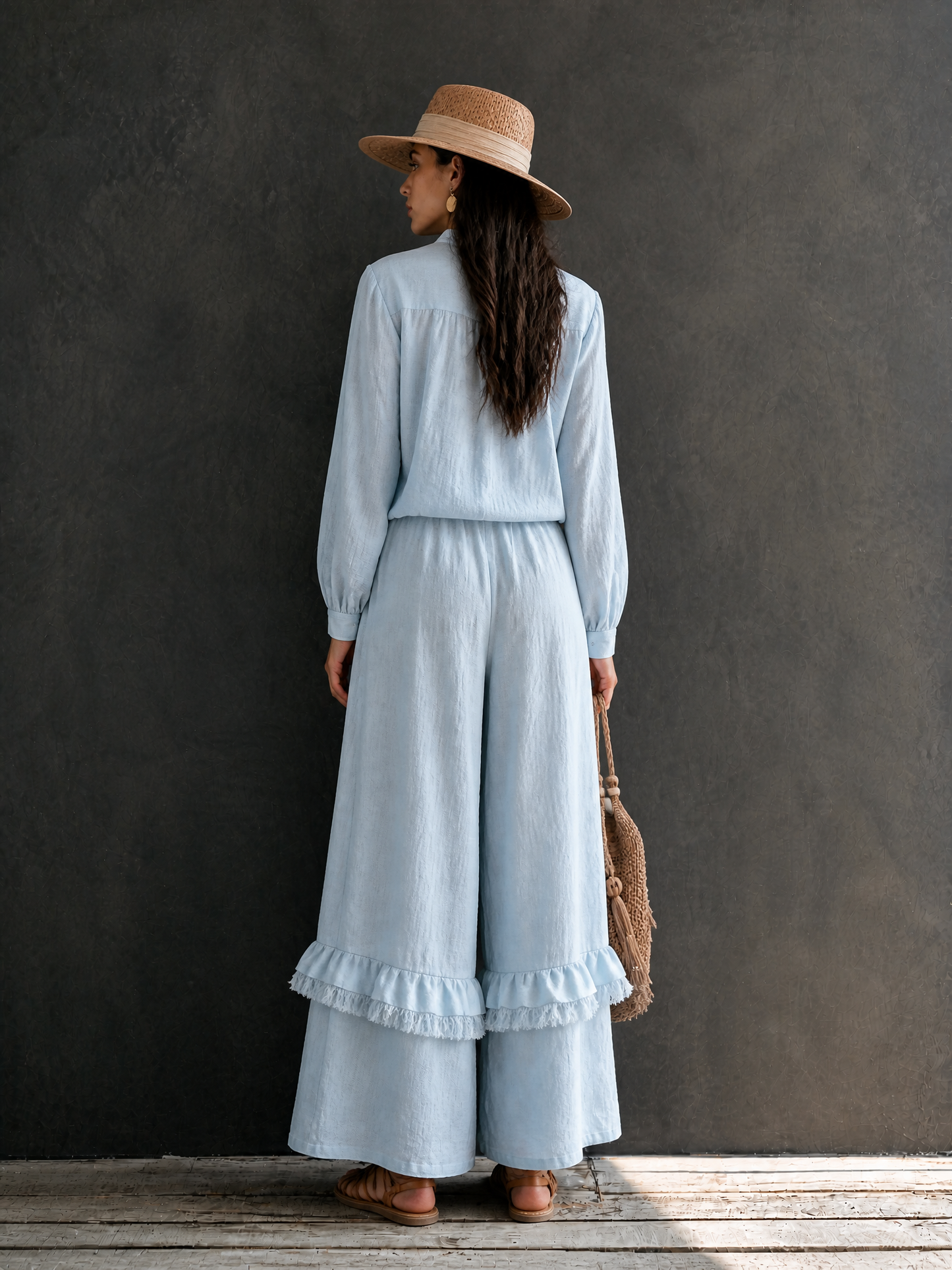 Women's Vacation Cotton Linen Stand-Collar Wide-Leg Pants Set