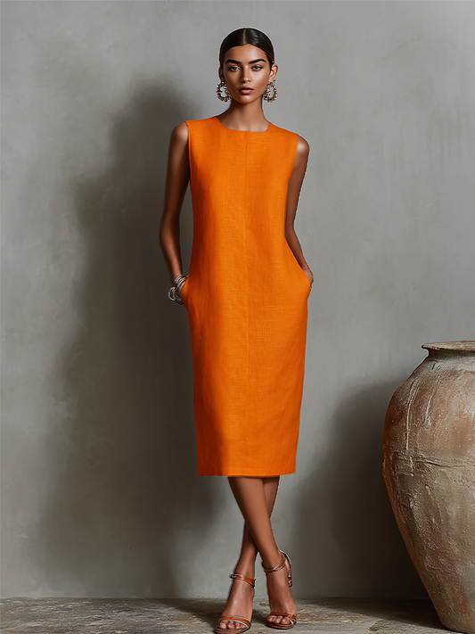 Women's Orange Linen Shift Dress With Sleeveless Round Neck & Side Pockets, Timeless Minimalist-Elegant Style Dress