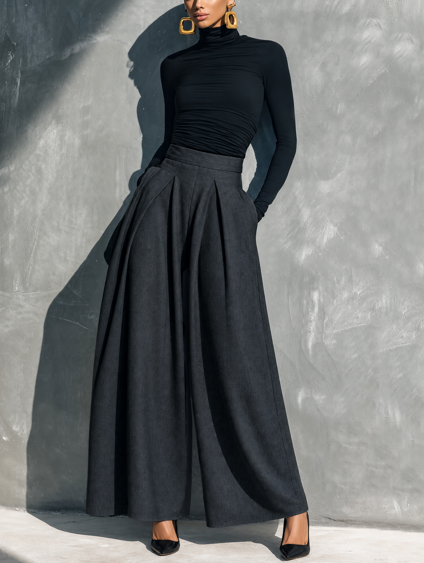 Women's Casual 2-Piece Set Black Stretch-knit Long-sleeve Top And Dark Gray Woven Wide-leg Trousers