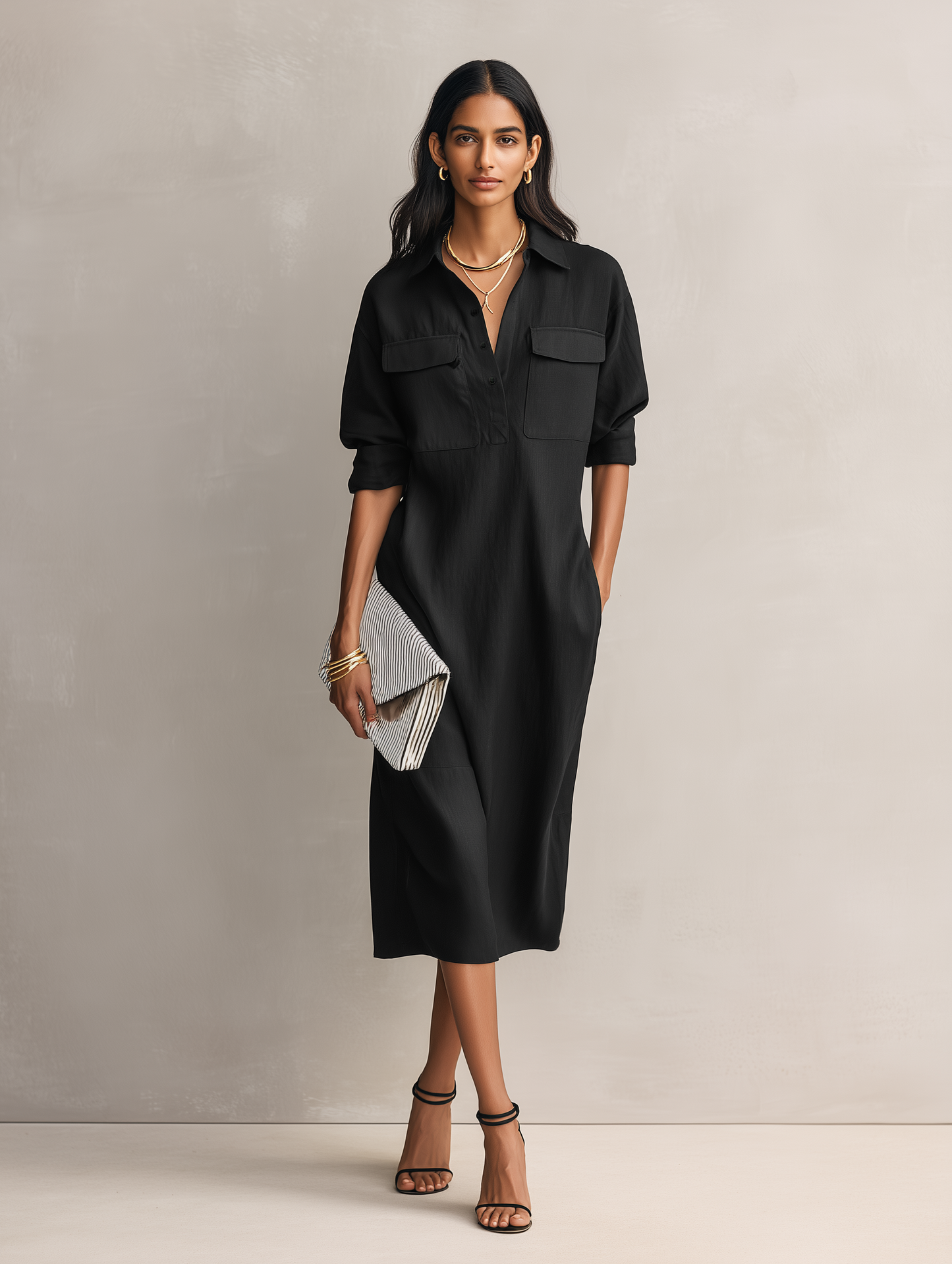 Women's Elegant Black Cotton-linen Blend Shirt Collar Short-sleeved Midi Dress