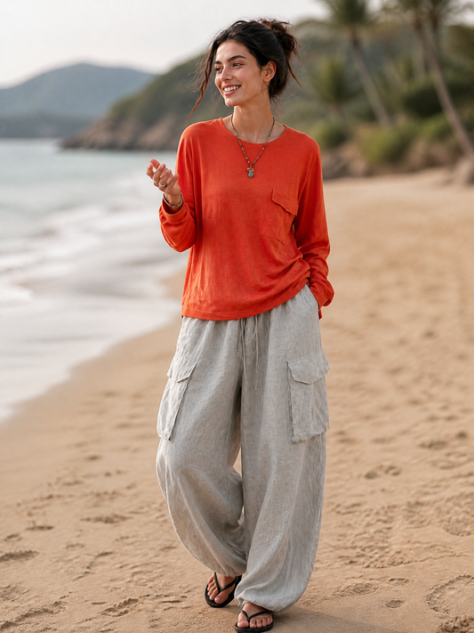 Women's Casual Crew Neck T-shirt And Cotton Linen Cargo Pants Set