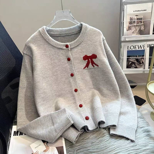 Women's Bow Knit Cardigan – Pearl Button Round Neck Sweater