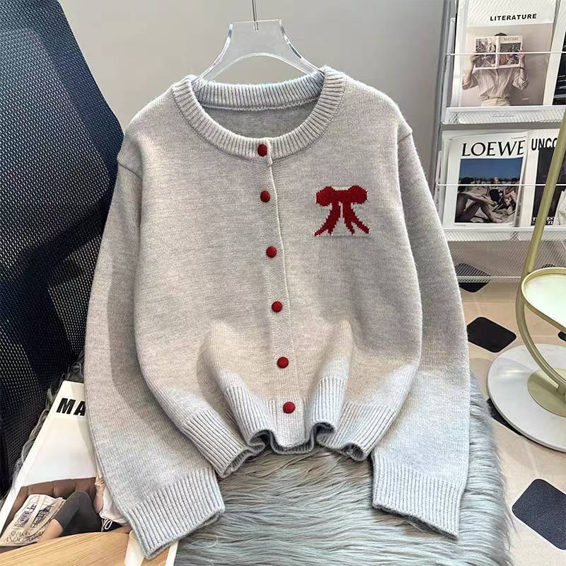 Women's Bow Knit Cardigan – Pearl Button Round Neck Sweater