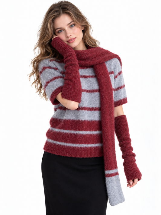 Women's Striped Wool Sweater Set – Knit Top, Scarf & Arm Warmers